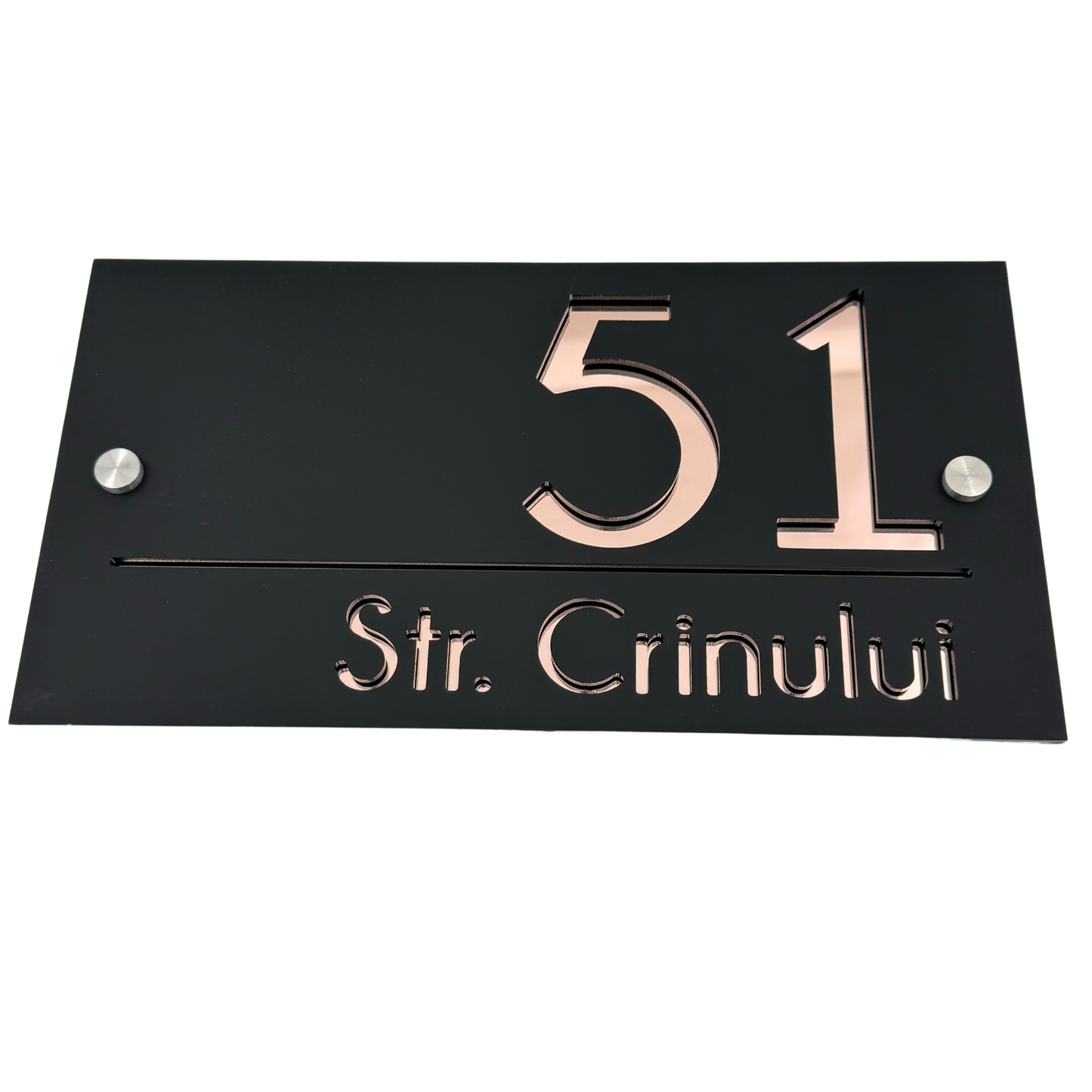 PREMIUM HOUSE NUMBER - Satin Black Rose Gold Mirror 2 Spacers Silver - 28×15 cm