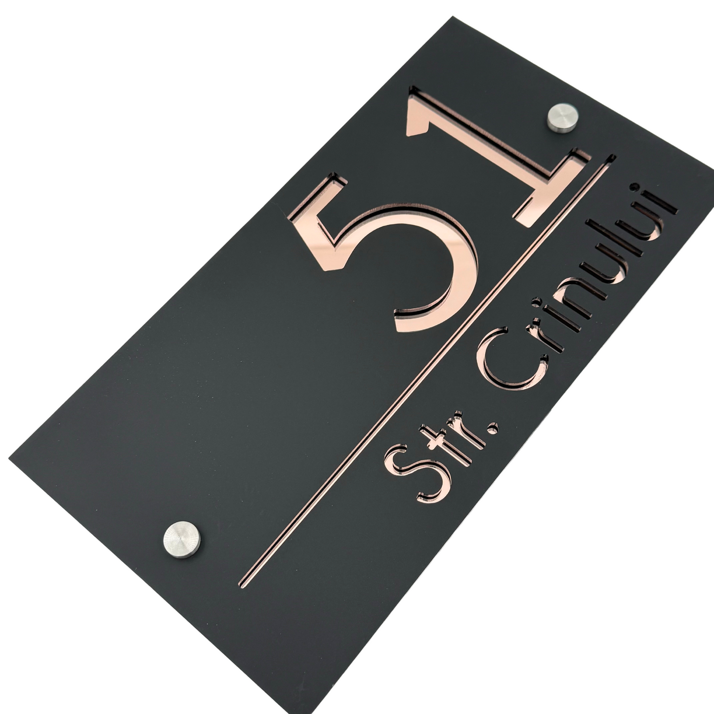 PREMIUM HOUSE NUMBER - Satin Black Rose Gold Mirror 2 Spacers Silver - 28×15 cm