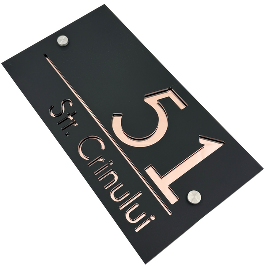 PREMIUM HOUSE NUMBER - Satin Black Rose Gold Mirror 2 Spacers Silver - 28×15 cm