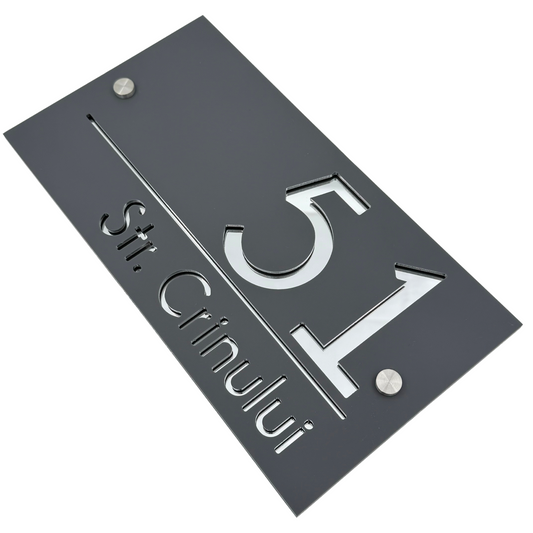 PREMIUM HOUSE NUMBER - Satin Grey Silver Mirror 2 Spacers Silver - 28×15 cm