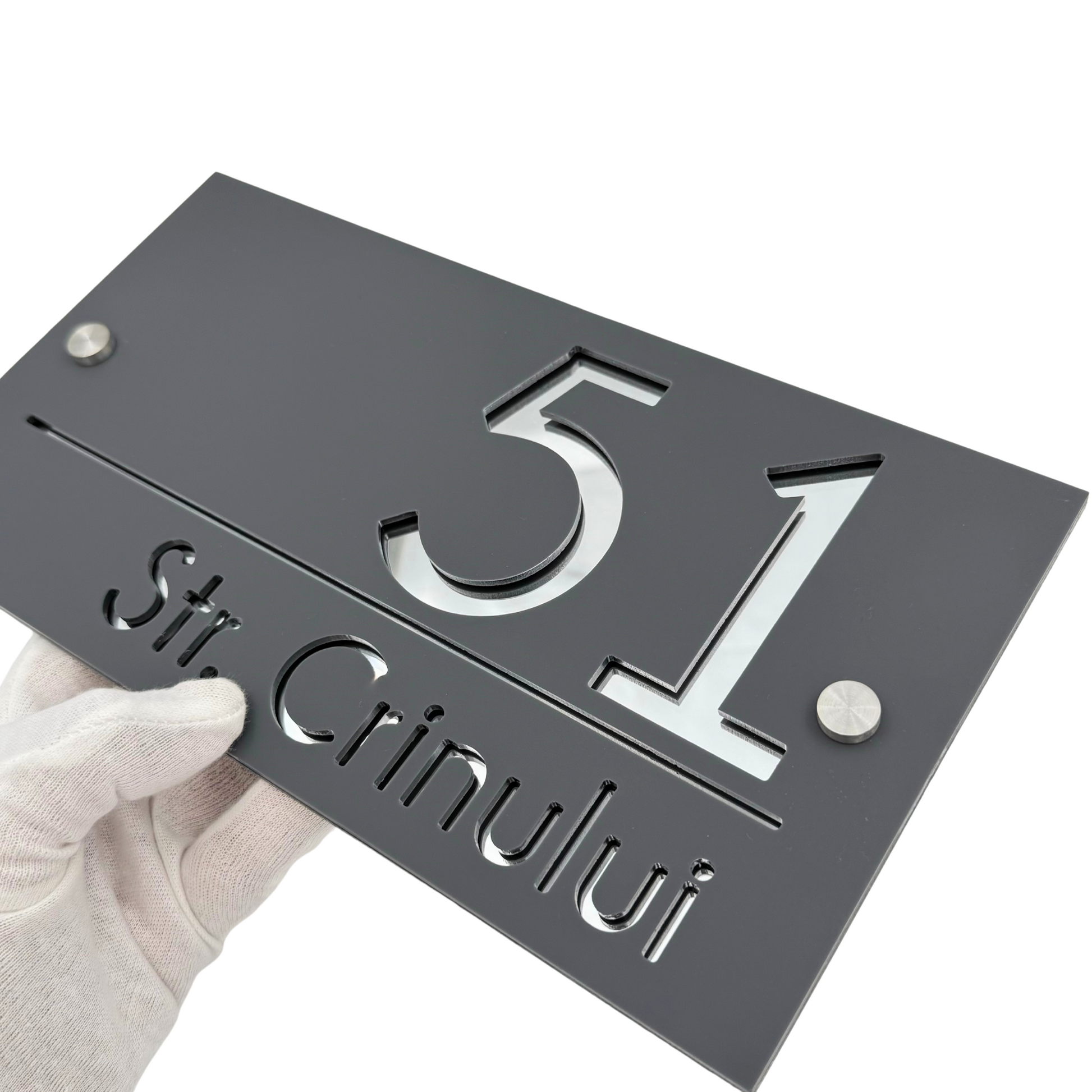 PREMIUM HOUSE NUMBER - Satin Grey Silver Mirror 2 Spacers Silver - 28×15 cm