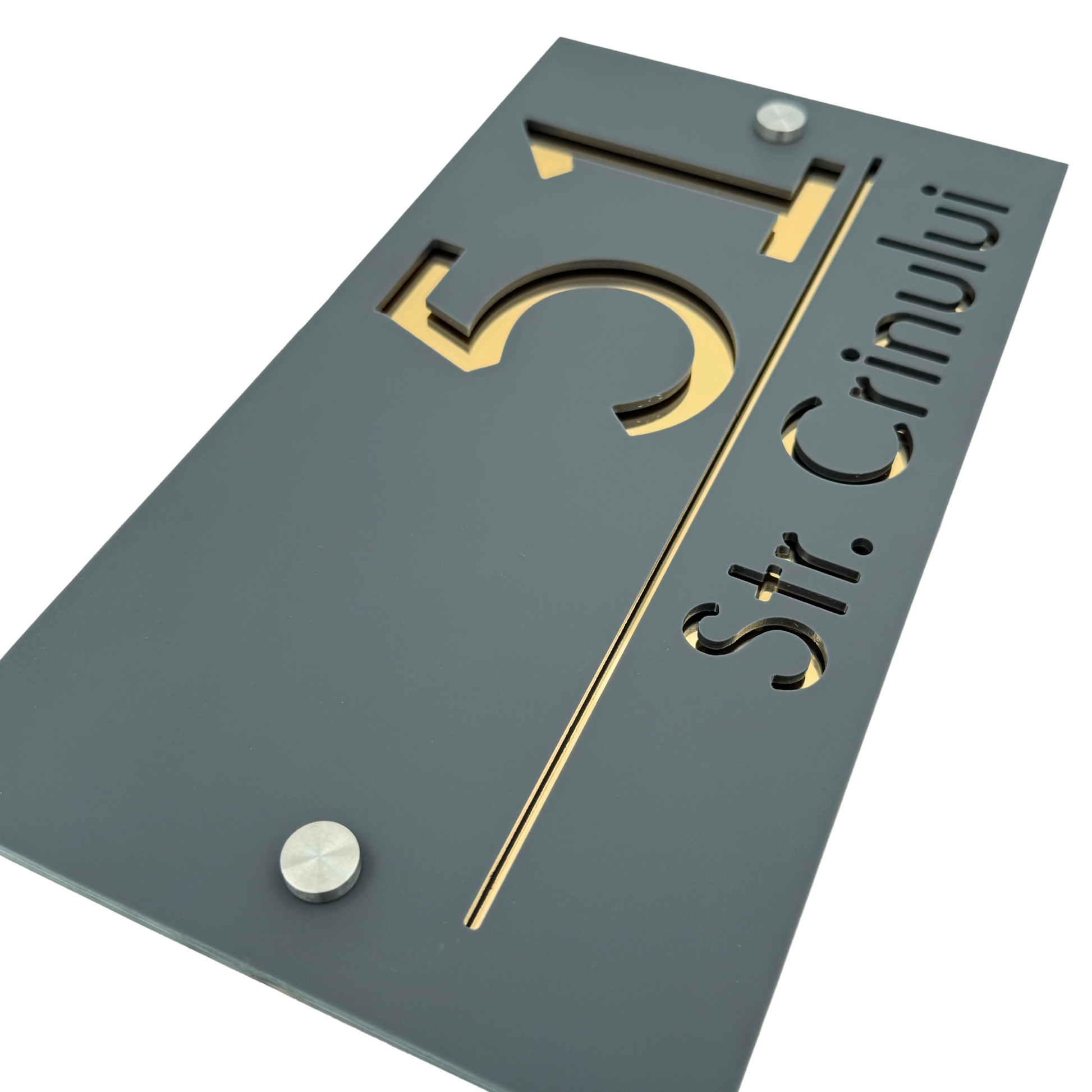 PREMIUM HOUSE NUMBER - Satin Grey Gold Mirror 2 Spacers Silver - 28×15 cm