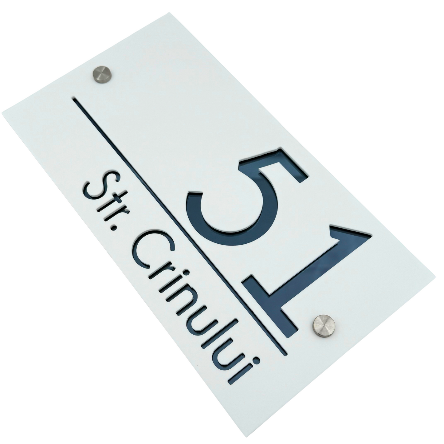 PREMIUM HOUSE NUMBER - White Satin Anthracite Grey Mirror 2 Spacers Silver - 28×15 cm