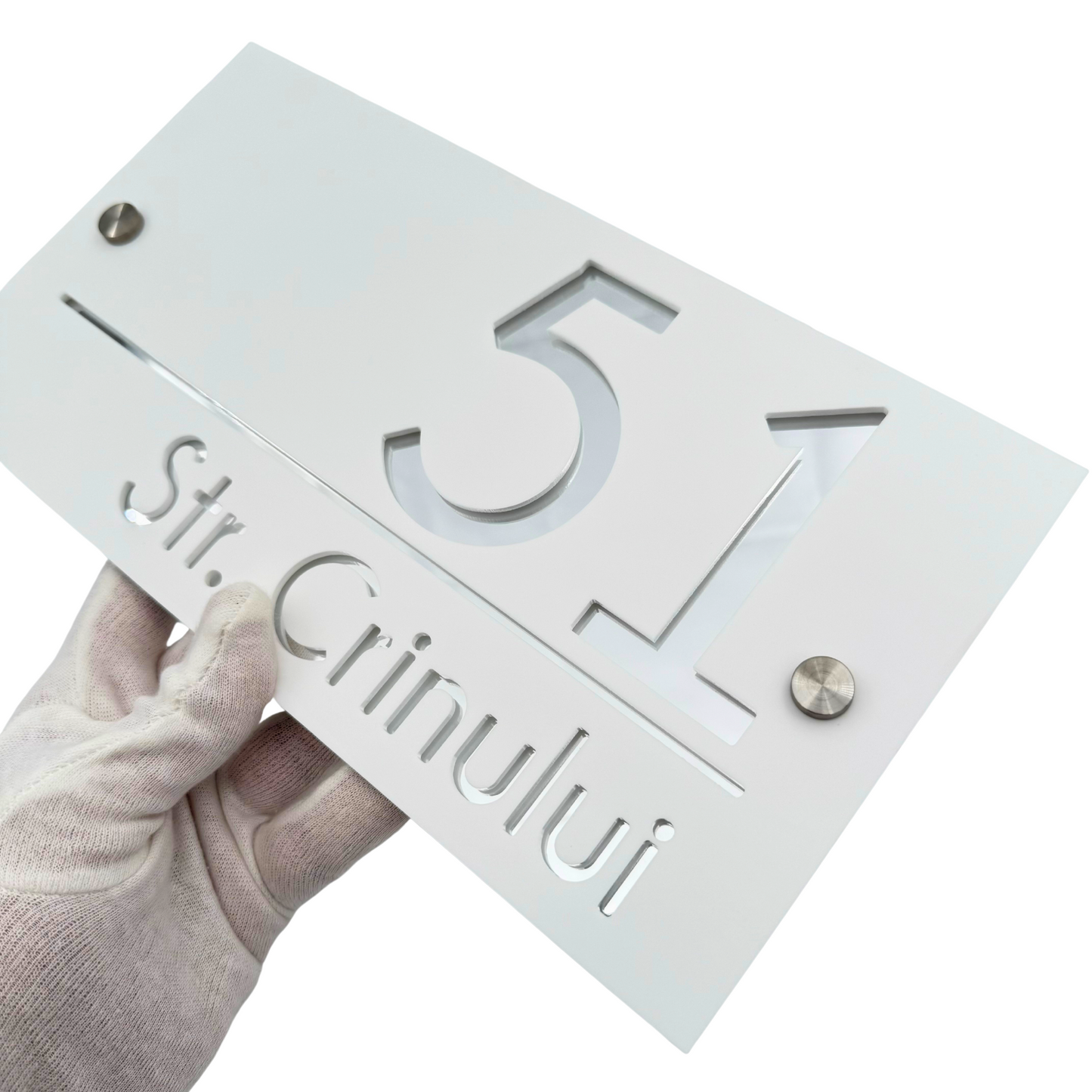 PREMIUM HOUSE NUMBER - White Satin Silver Mirror 2 Spacers Silver - 28×15 cm