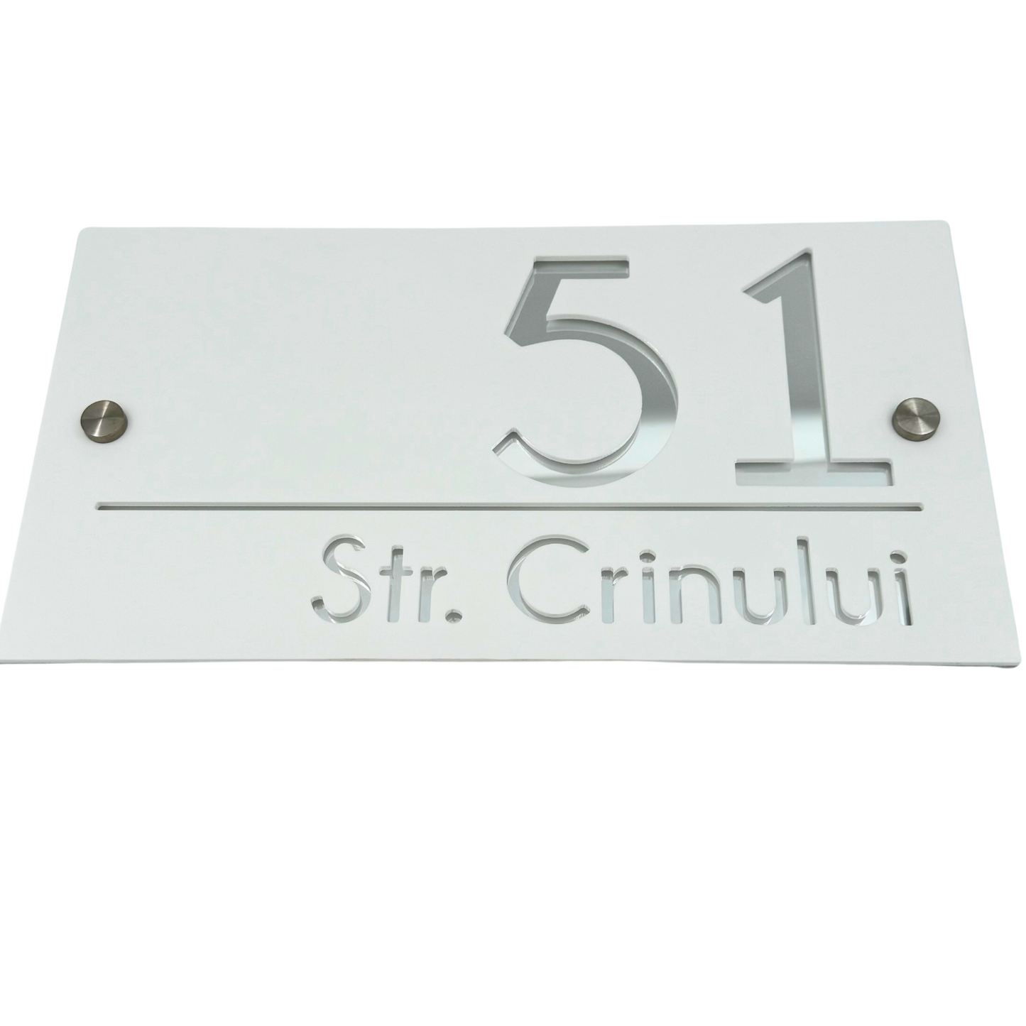 PREMIUM HOUSE NUMBER - White Satin Silver Mirror 2 Spacers Silver - 28×15 cm