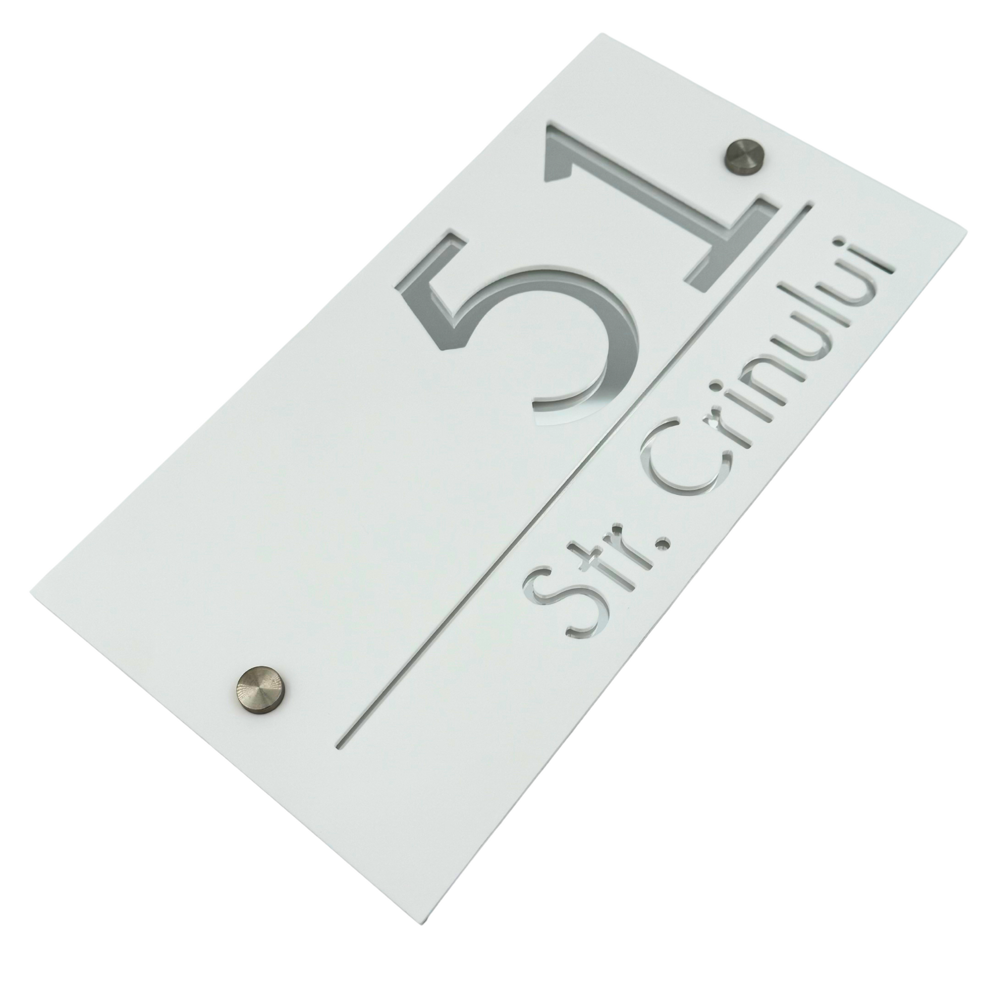 PREMIUM HOUSE NUMBER - White Satin Silver Mirror 2 Spacers Silver - 28×15 cm