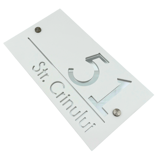 PREMIUM HOUSE NUMBER - White Satin Silver Mirror 2 Spacers Silver - 28×15 cm