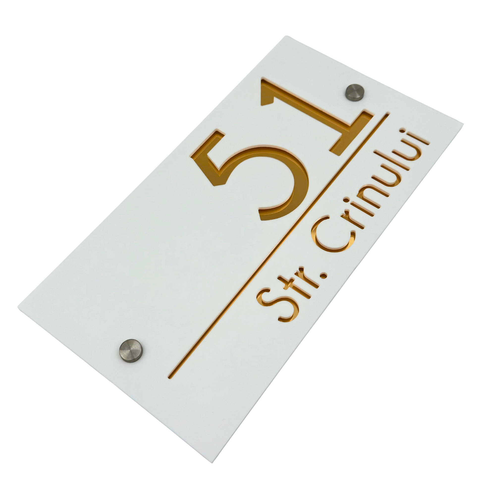PREMIUM HOUSE NUMBER - White Satin Gold Mirror 2 Spacers Silver - 28×15 cm