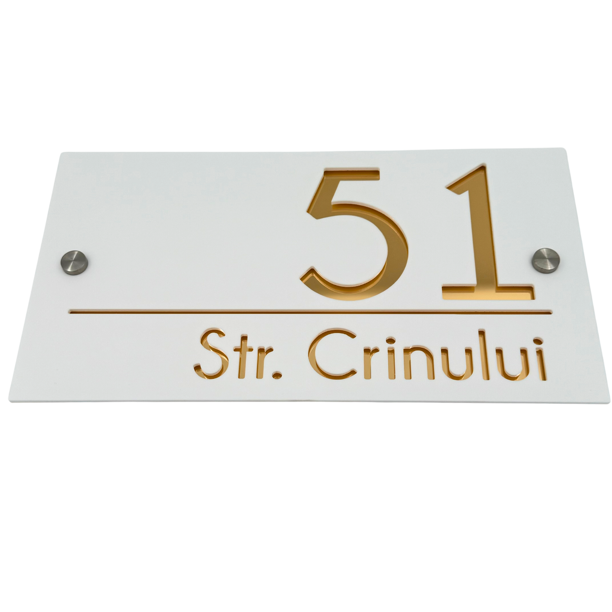 PREMIUM HOUSE NUMBER - White Satin Gold Mirror 2 Spacers Silver - 28×15 cm