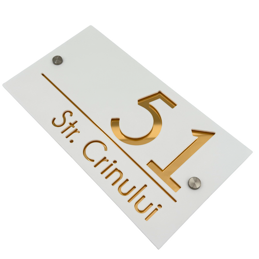 PREMIUM HOUSE NUMBER - White Satin Gold Mirror 2 Spacers Silver - 28×15 cm
