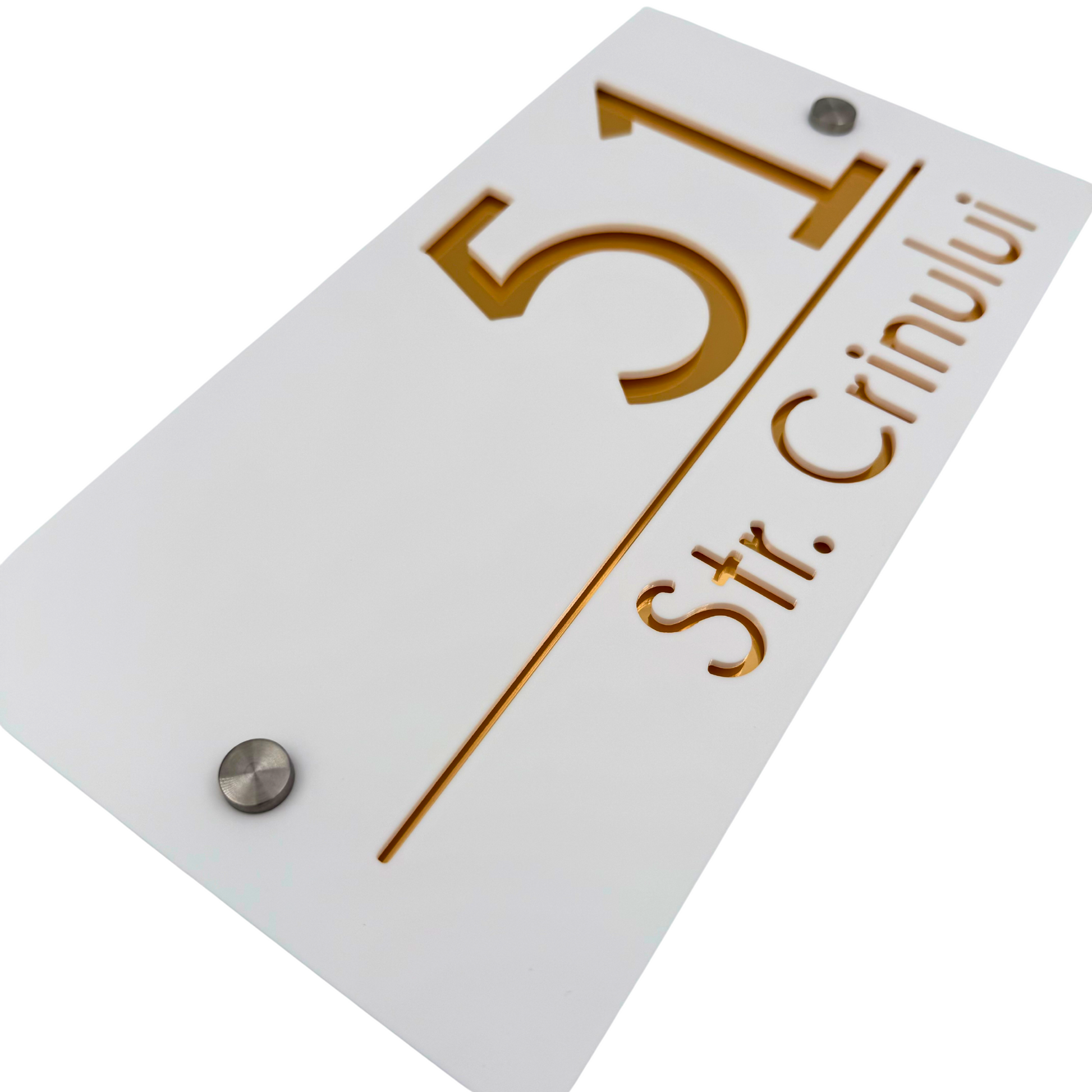 PREMIUM HOUSE NUMBER - White Satin Gold Mirror 2 Spacers Silver - 28×15 cm