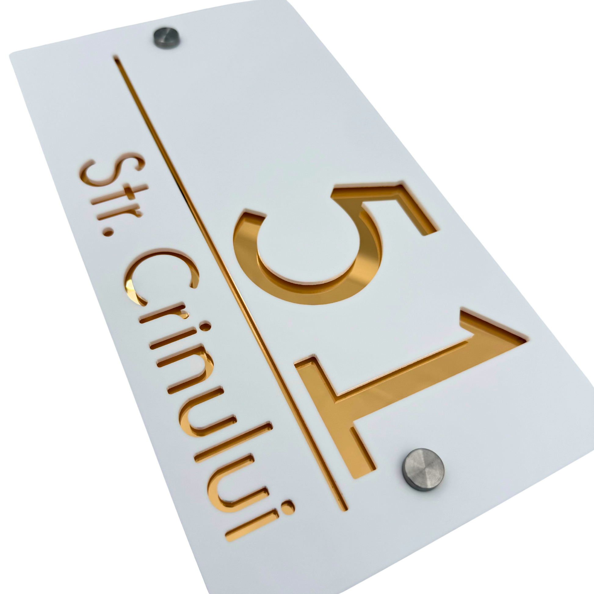 PREMIUM HOUSE NUMBER - White Satin Gold Mirror 2 Spacers Silver - 28×15 cm
