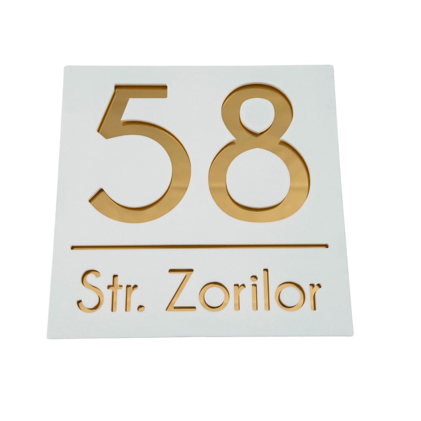 PREMIUM HOUSE NUMBER - White Satin Gold Mirror - 17×17 cm