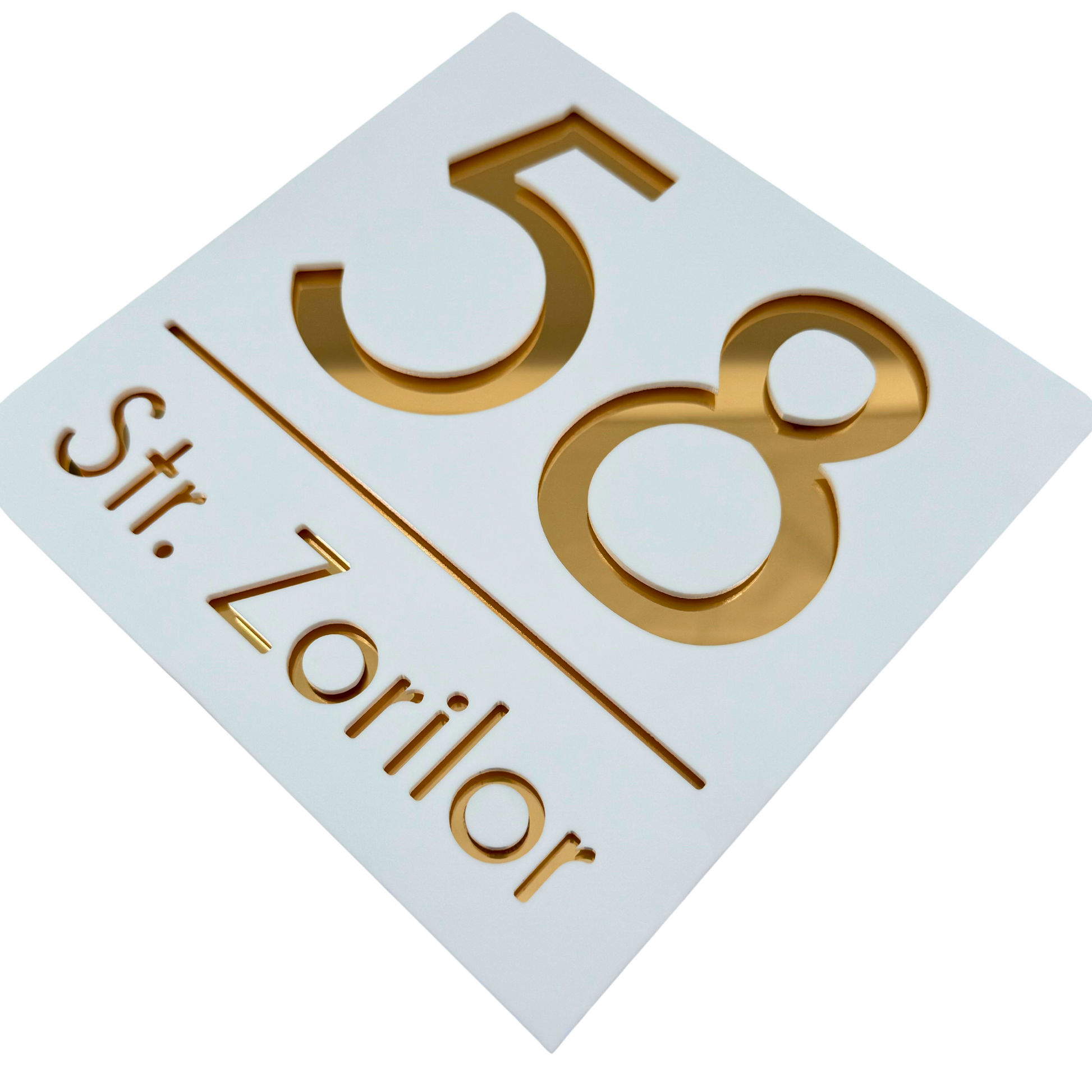 PREMIUM HOUSE NUMBER - White Satin Gold Mirror - 17×17 cm