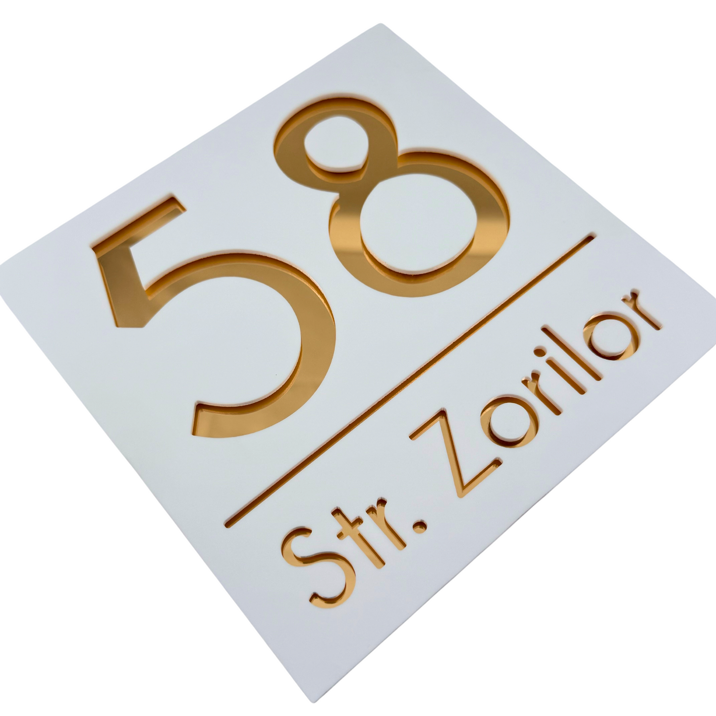 PREMIUM HOUSE NUMBER - White Satin Gold Mirror - 17×17 cm
