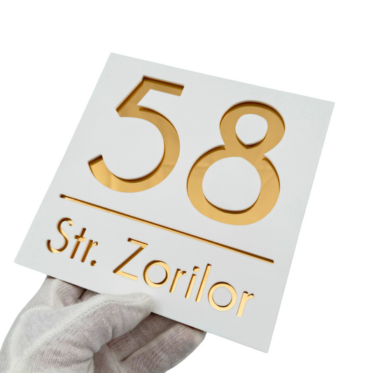 PREMIUM HOUSE NUMBER - White Satin Gold Mirror - 17×17 cm