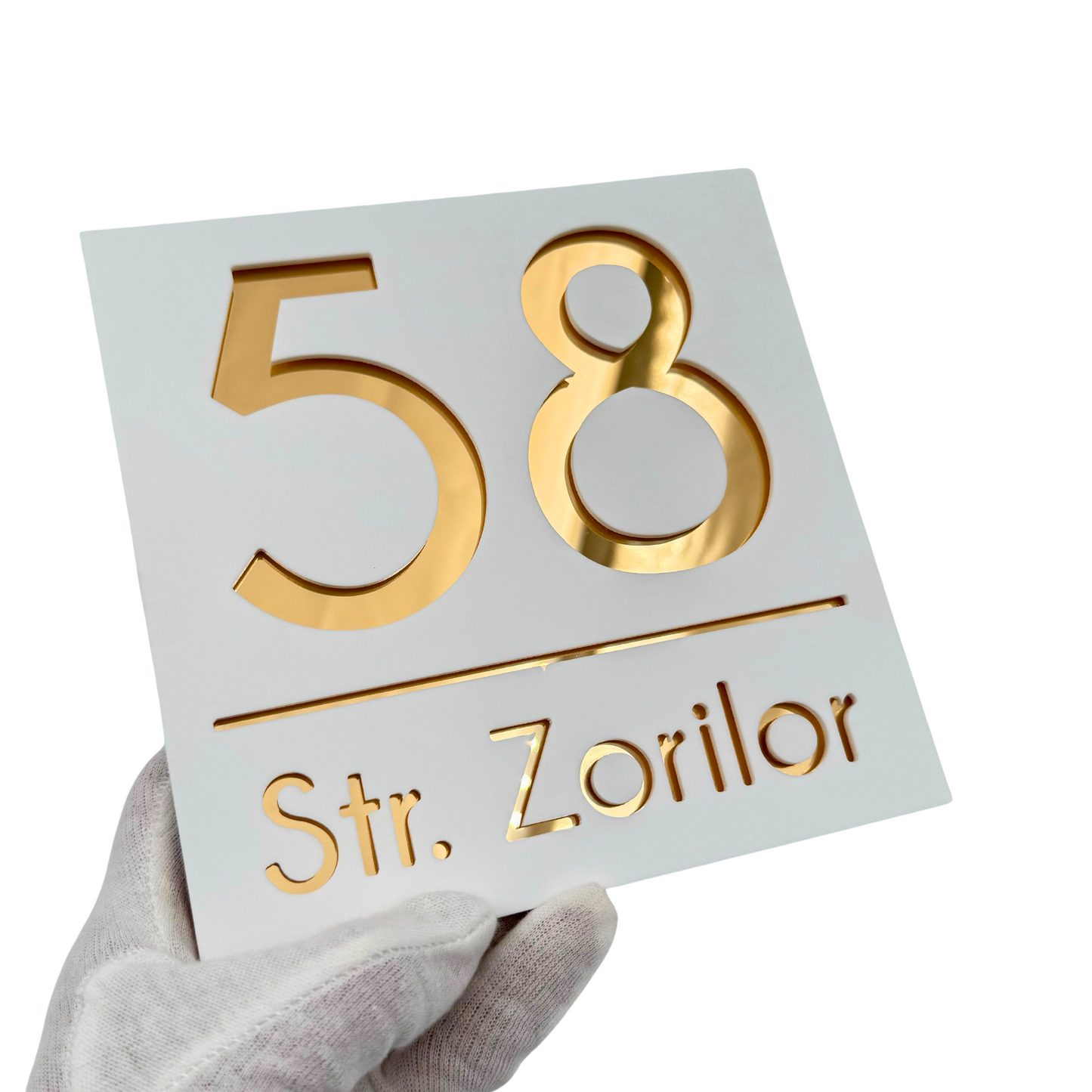 PREMIUM HOUSE NUMBER - White Satin Gold Mirror - 17×17 cm