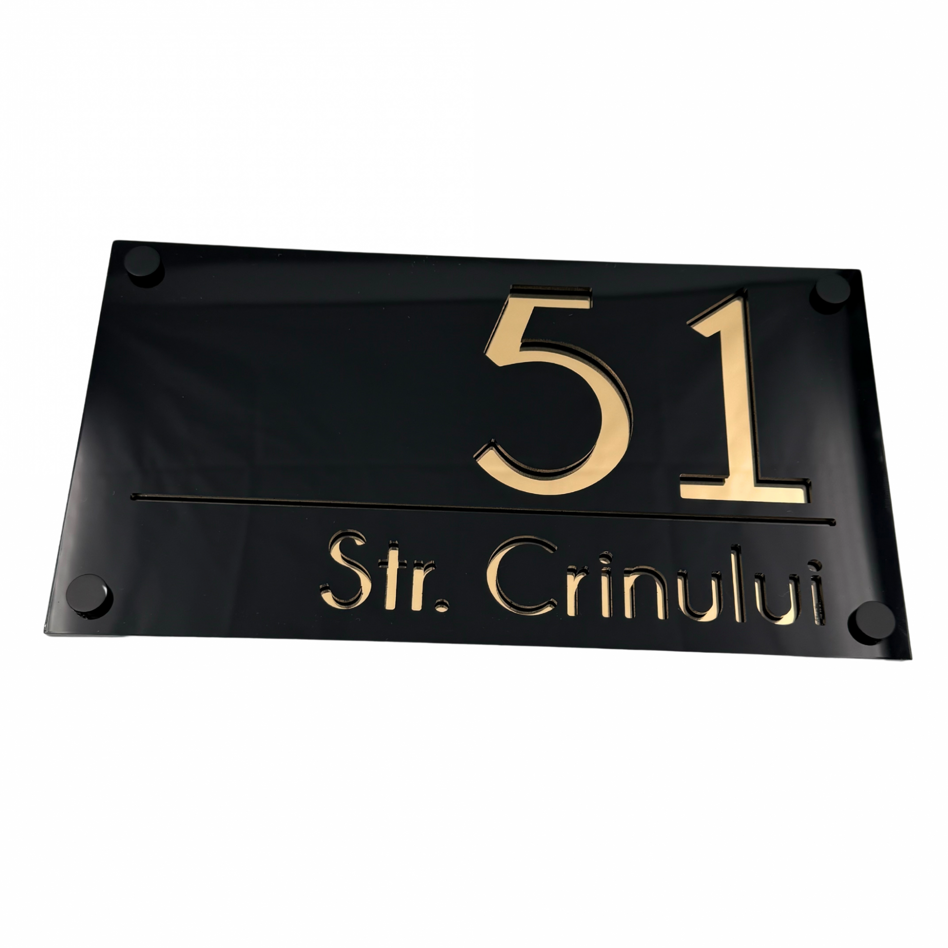 PREMIUM HOUSE NUMBER - Glossy Black Gold Mirror 4 Spacers NeGreyi - 28×15 cm