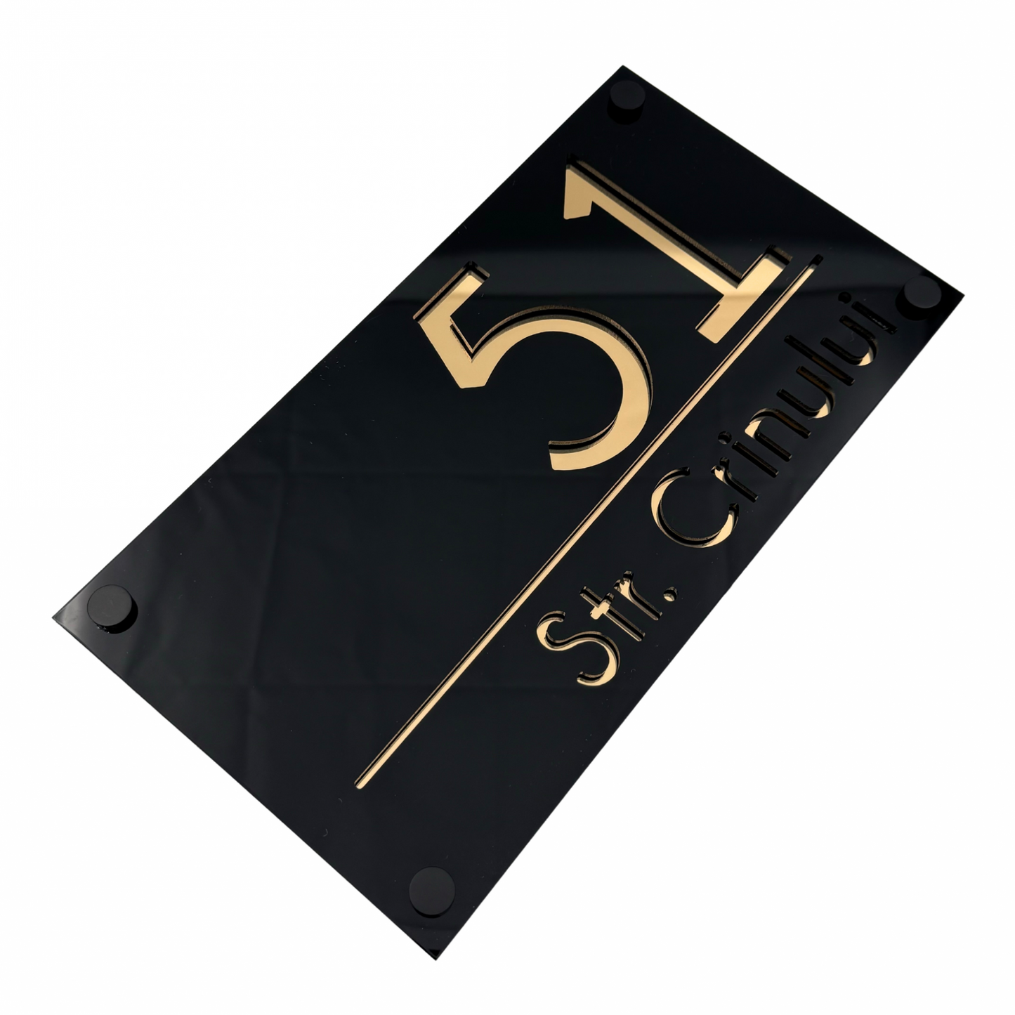 PREMIUM HOUSE NUMBER - Glossy Black Gold Mirror 4 Spacers NeGreyi - 28×15 cm