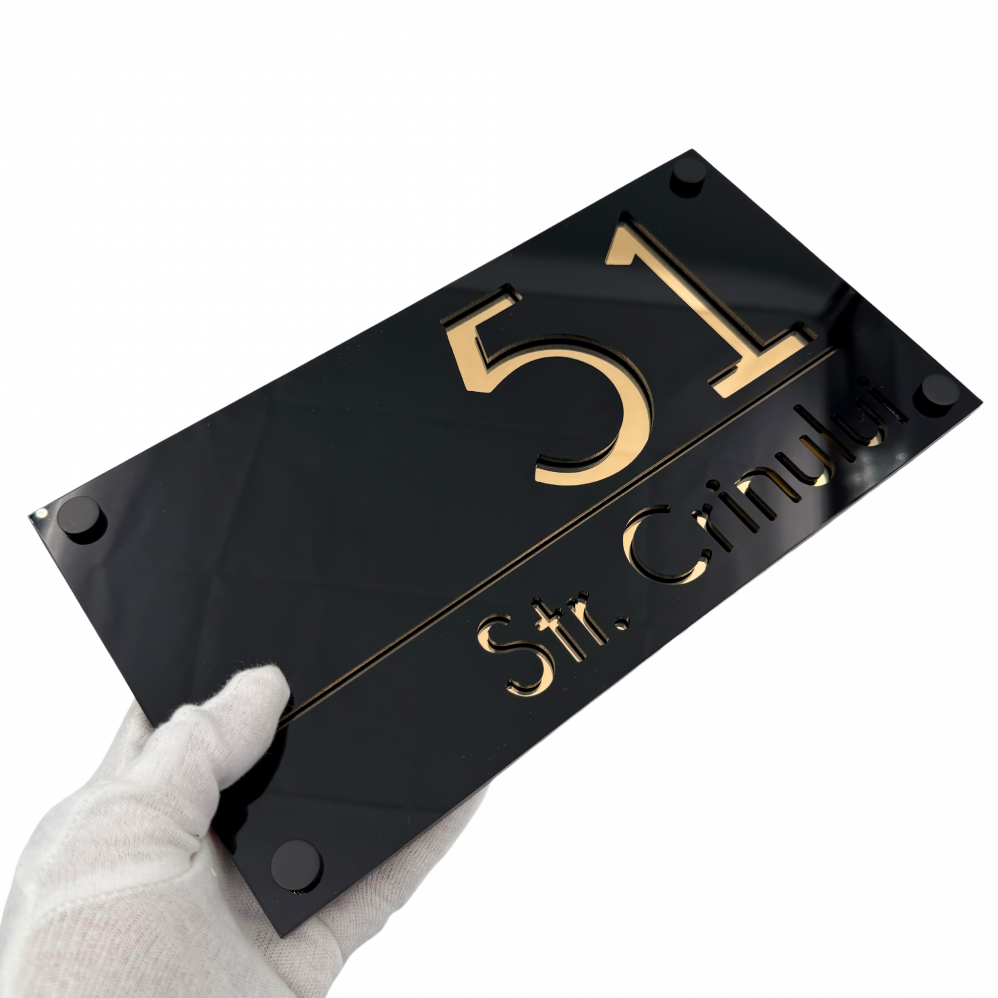 PREMIUM HOUSE NUMBER - Glossy Black Gold Mirror 4 Spacers NeGreyi - 28×15 cm