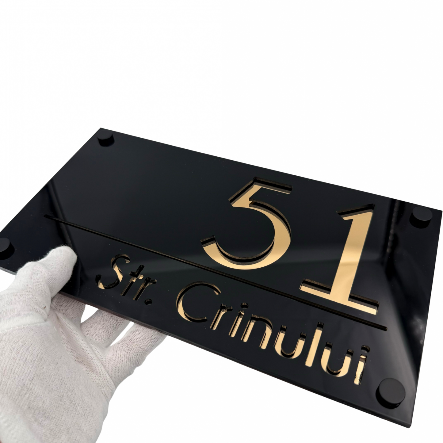 PREMIUM HOUSE NUMBER - Glossy Black Gold Mirror 4 Spacers NeGreyi - 28×15 cm