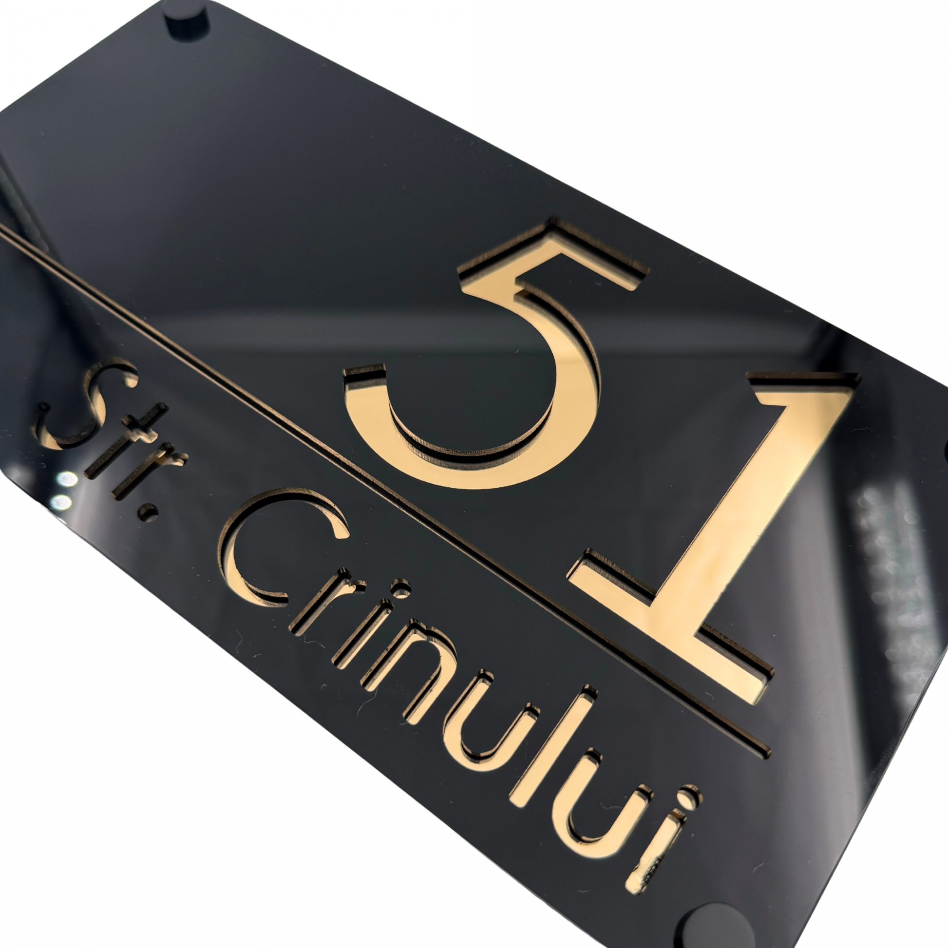 PREMIUM HOUSE NUMBER - Glossy Black Gold Mirror 4 Spacers NeGreyi - 28×15 cm