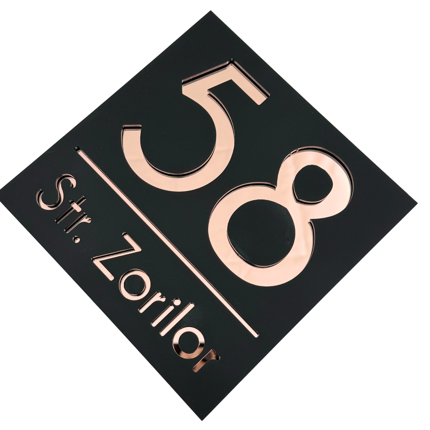 PREMIUM HOUSE NUMBER - Satin Black Rose Gold Mirror - 17×17 cm