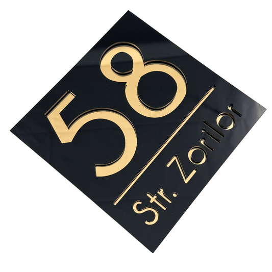 PREMIUM HOUSE NUMBER - Glossy Black Gold Mirror - 17×17 cm