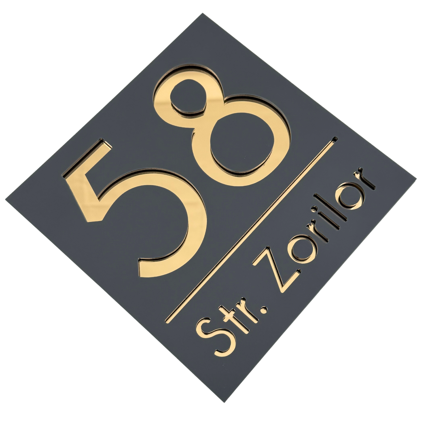 PREMIUM HOUSE NUMBER - Satin Grey Gold Mirror - 17×17 cm