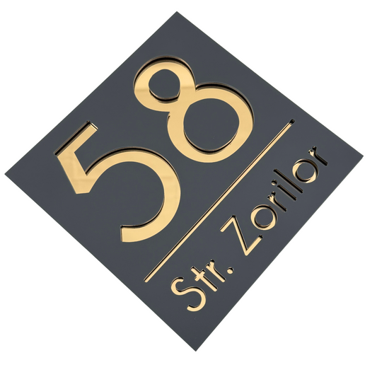 PREMIUM HOUSE NUMBER - Satin Grey Gold Mirror - 17×17 cm