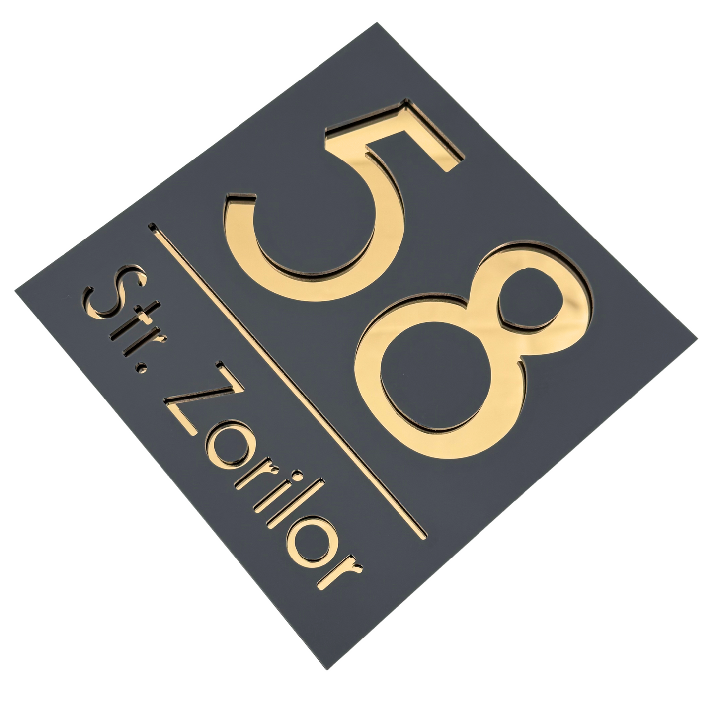PREMIUM HOUSE NUMBER - Satin Grey Gold Mirror - 17×17 cm