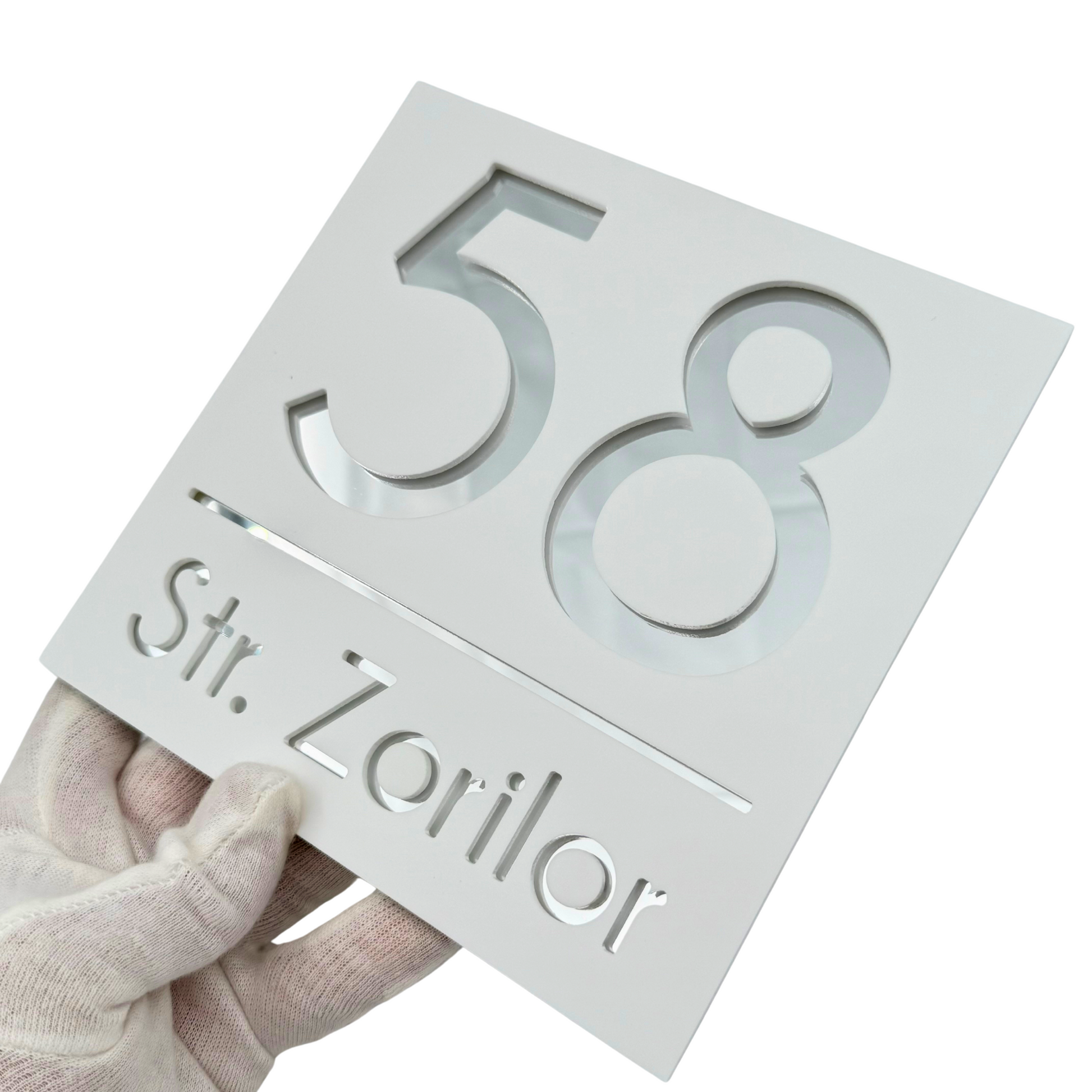 PREMIUM HOUSE NUMBER - White Satin Silver Mirror - 17×17 cm