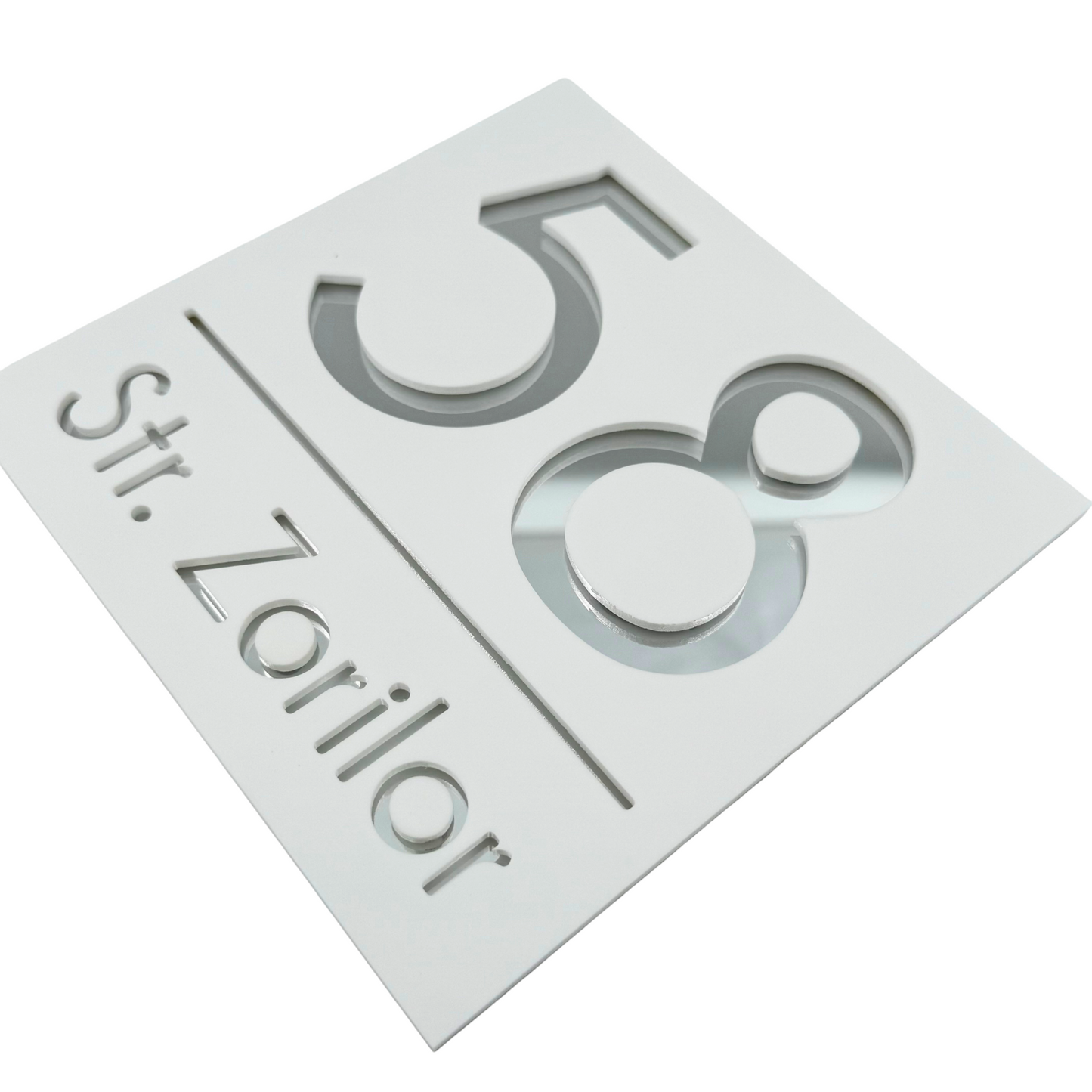 PREMIUM HOUSE NUMBER - White Satin Silver Mirror - 17×17 cm