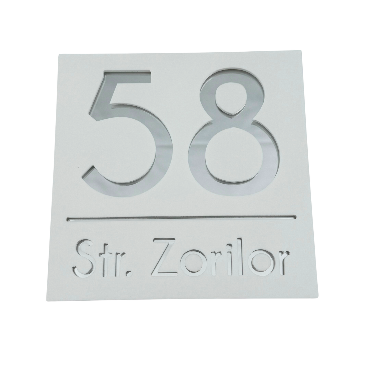 PREMIUM HOUSE NUMBER - White Satin Silver Mirror - 17×17 cm