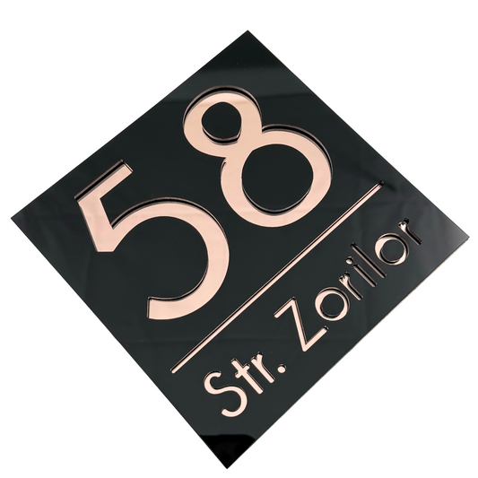 PREMIUM HOUSE NUMBER - Glossy Black Rose Gold Mirror - 17×17 cm