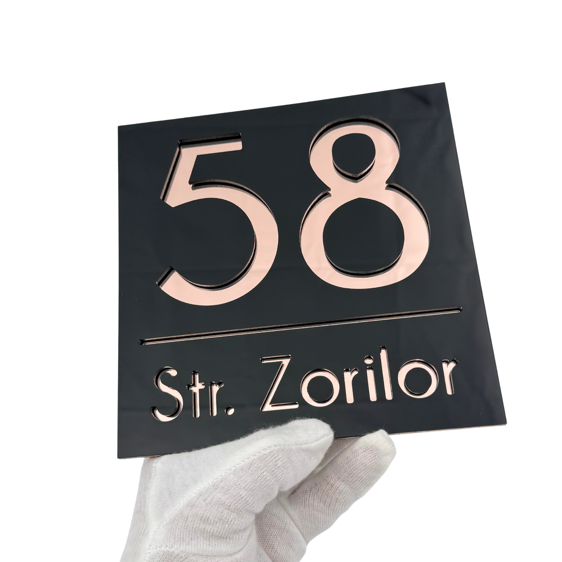 PREMIUM HOUSE NUMBER - Glossy Black Rose Gold Mirror - 17×17 cm