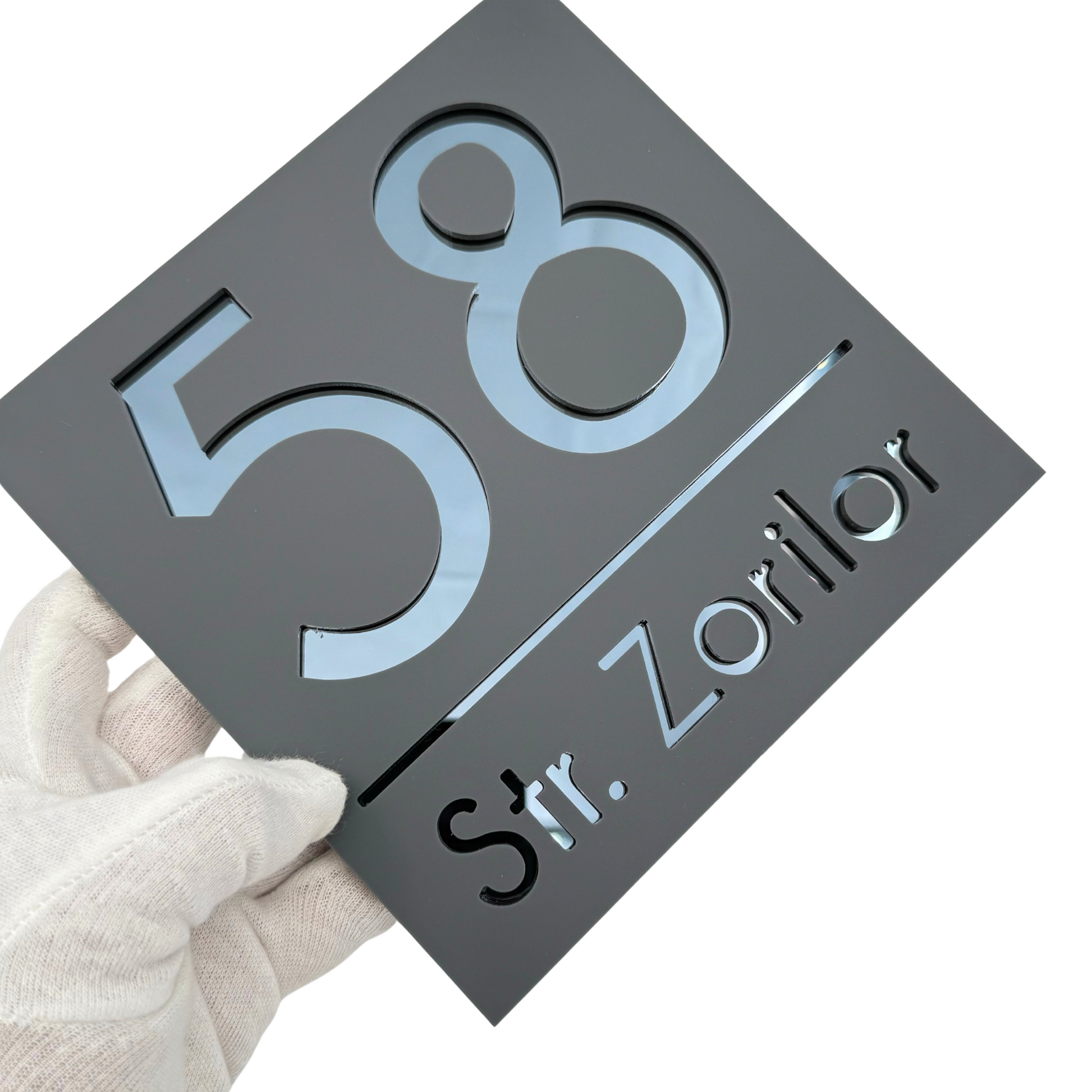 PREMIUM HOUSE NUMBER - Satin Grey Anthracite Grey Mirror - 17×17 cm