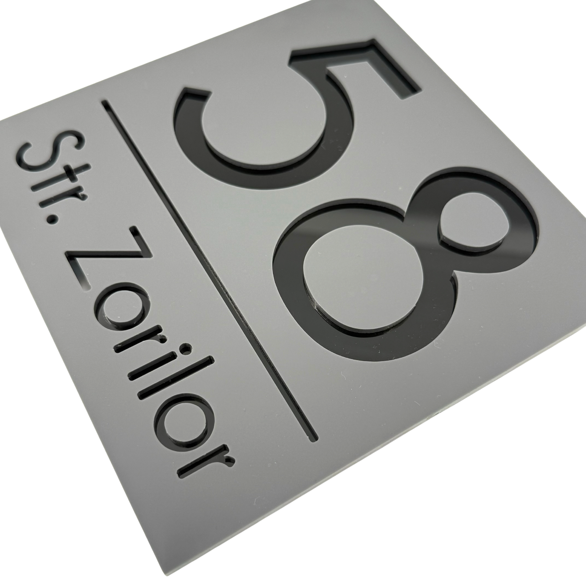 PREMIUM HOUSE NUMBER - Satin Grey Glossy Black - 17×17 cm
