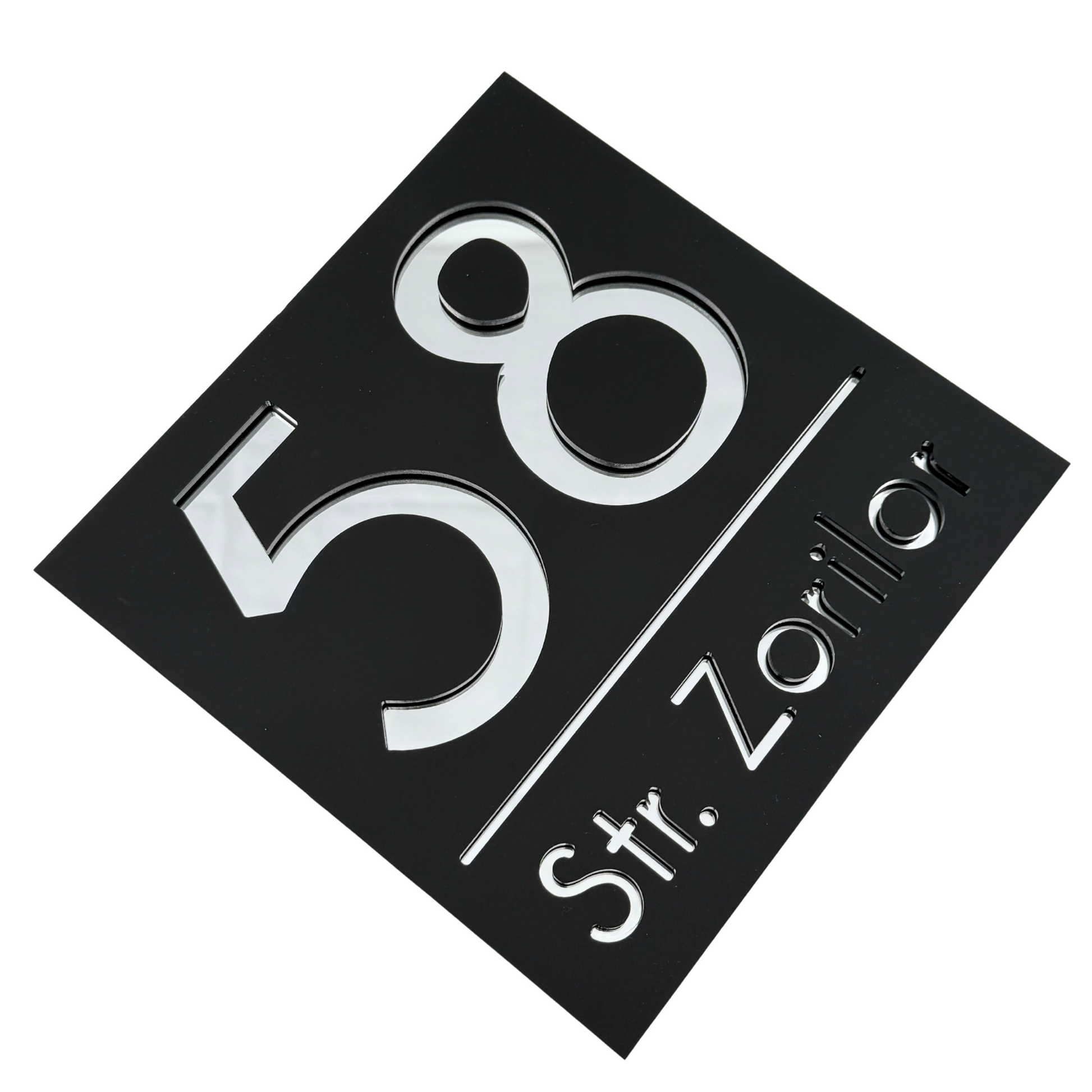 PREMIUM HOUSE NUMBER - Satin Black Silver Mirror - 17×17 cm