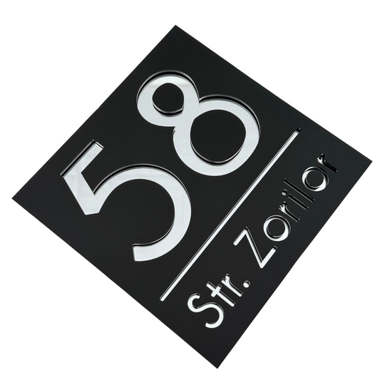 PREMIUM HOUSE NUMBER - Satin Black Silver Mirror - 17×17 cm