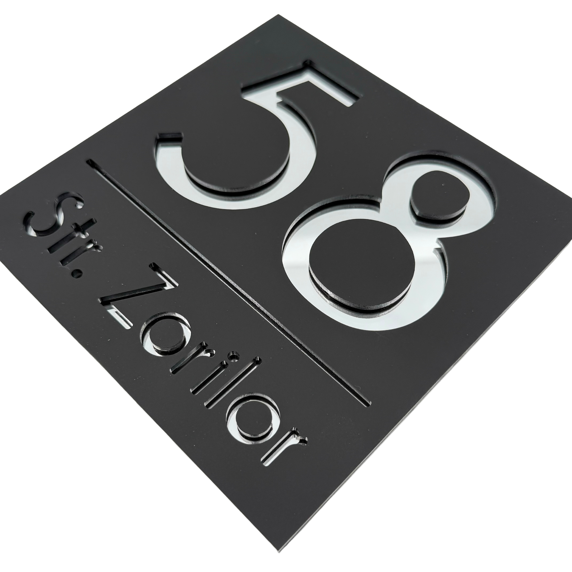 PREMIUM HOUSE NUMBER - Satin Black Silver Mirror - 17×17 cm