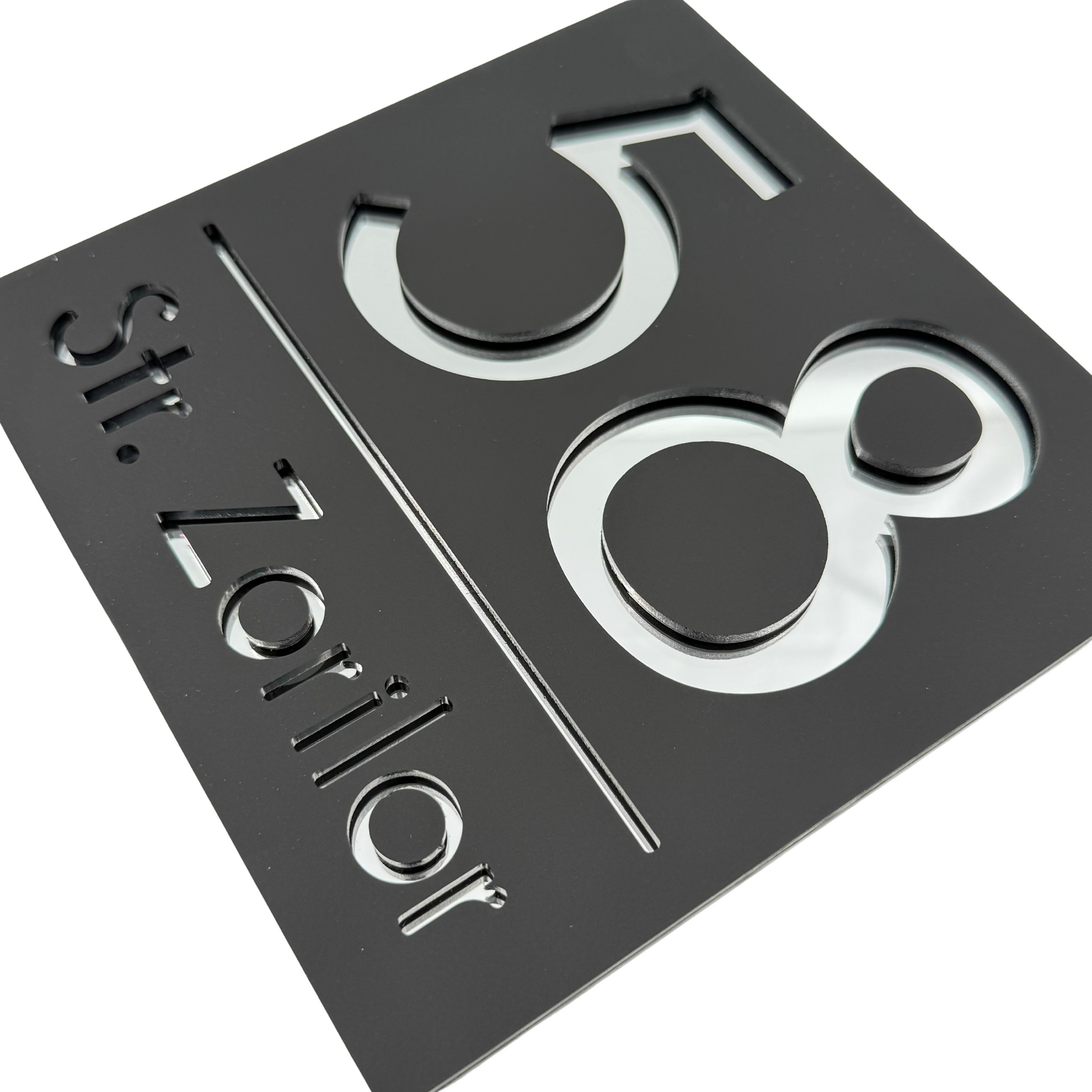 PREMIUM HOUSE NUMBER - Satin Black Silver Mirror - 17×17 cm