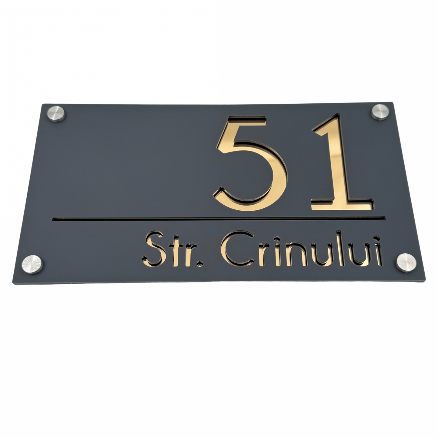 PREMIUM HOUSE NUMBER - Satin Grey Gold Mirror 4 Spacers Silver - 28×15 cm