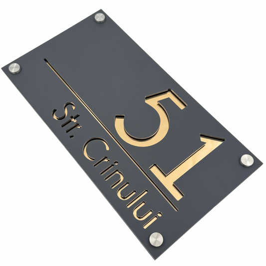 PREMIUM HOUSE NUMBER - Satin Grey Gold Mirror 4 Spacers Silver - 28×15 cm