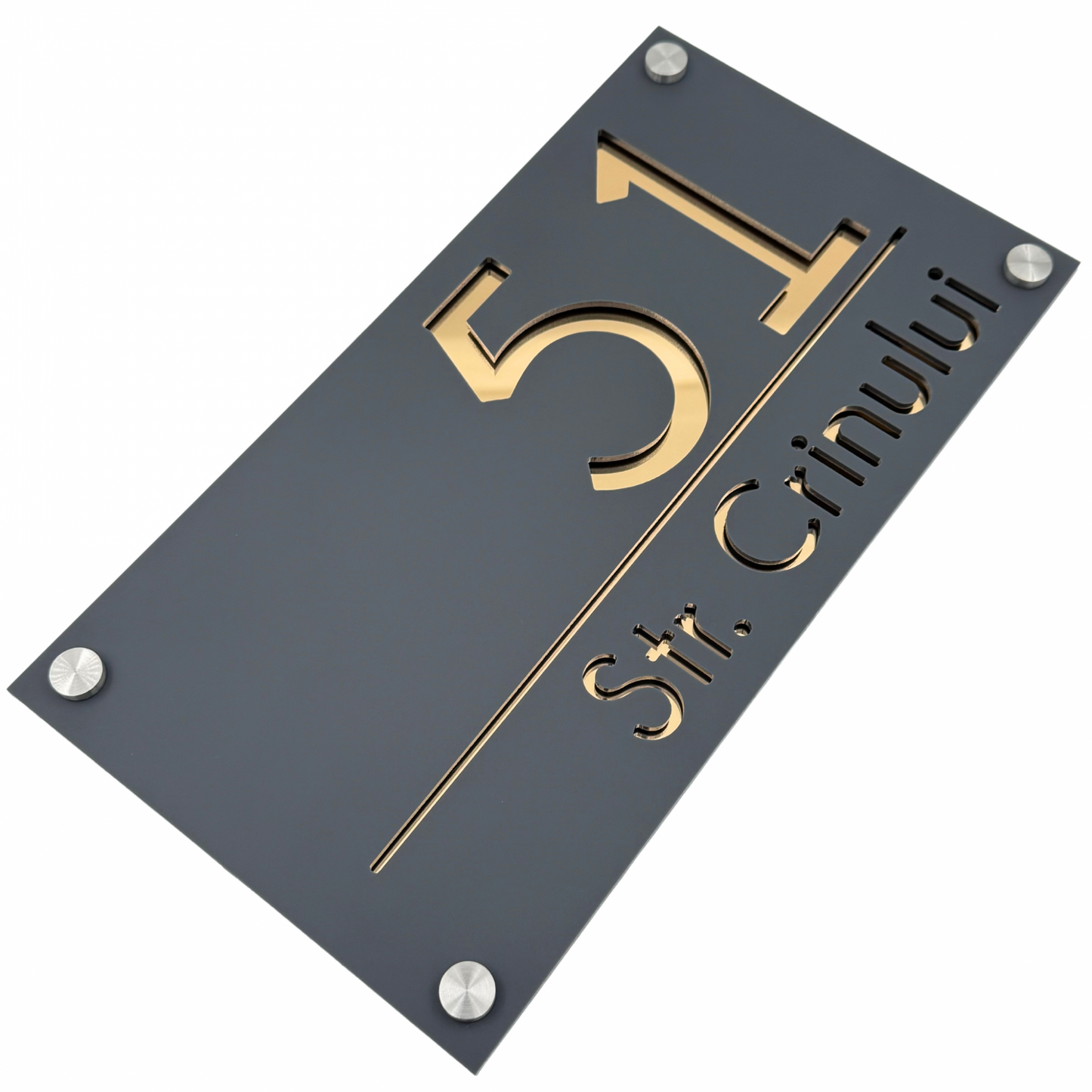 PREMIUM HOUSE NUMBER - Satin Grey Gold Mirror 4 Spacers Silver - 28×15 cm