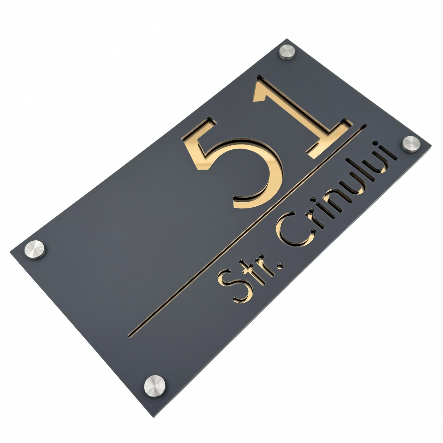 PREMIUM HOUSE NUMBER - Satin Grey Gold Mirror 4 Spacers Silver - 28×15 cm