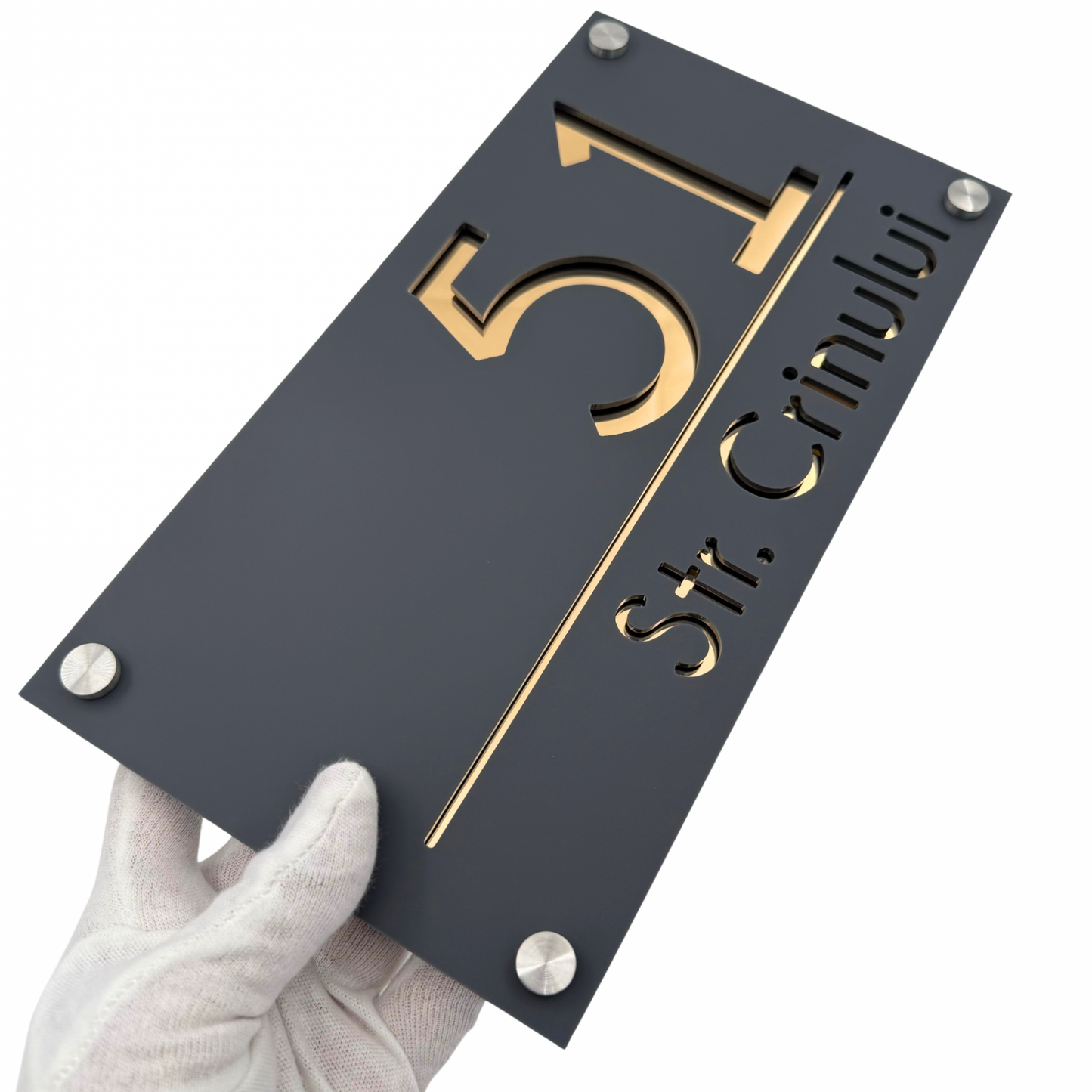 PREMIUM HOUSE NUMBER - Satin Grey Gold Mirror 4 Spacers Silver - 28×15 cm