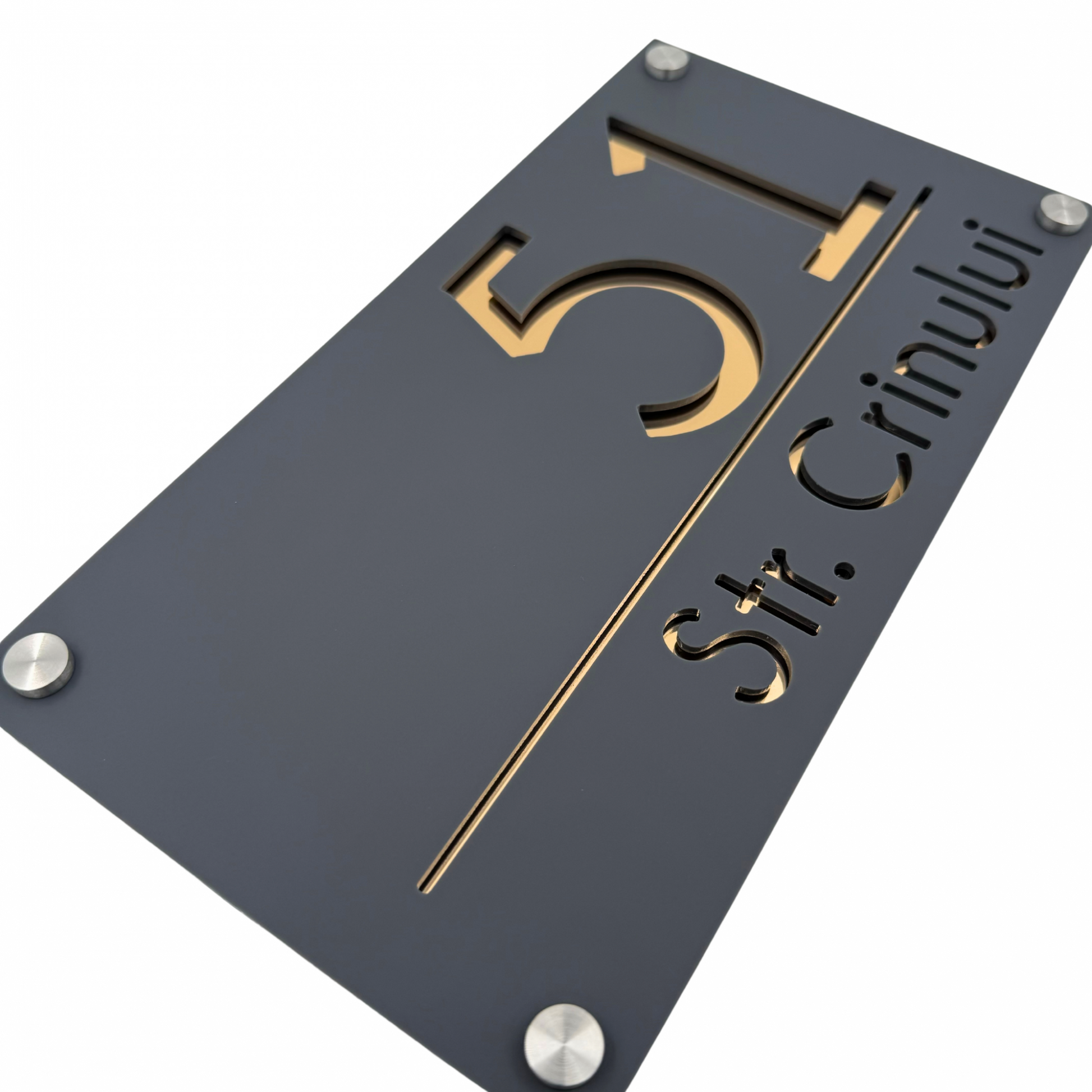 PREMIUM HOUSE NUMBER - Satin Grey Gold Mirror 4 Spacers Silver - 28×15 cm
