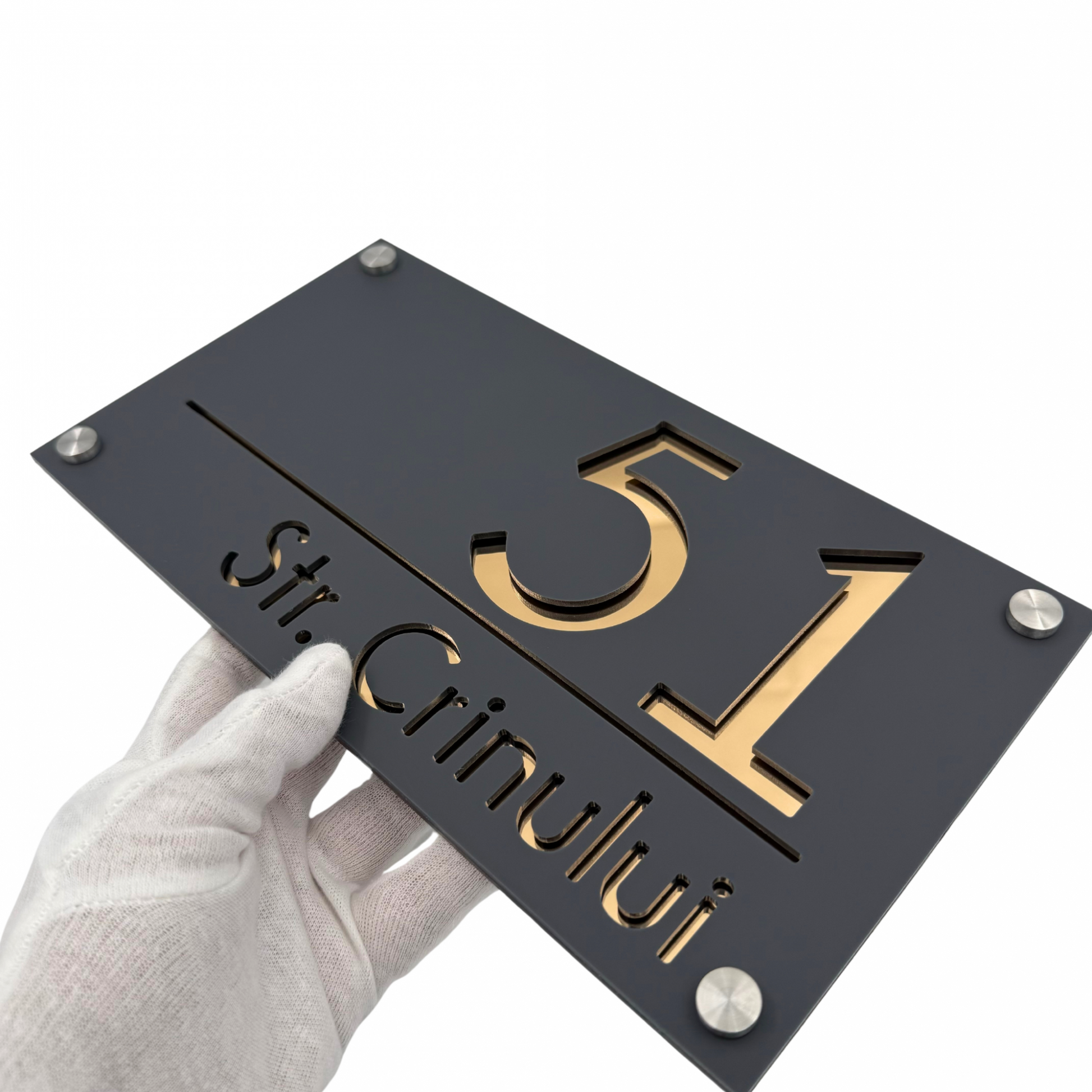 PREMIUM HOUSE NUMBER - Satin Grey Gold Mirror 4 Spacers Silver - 28×15 cm
