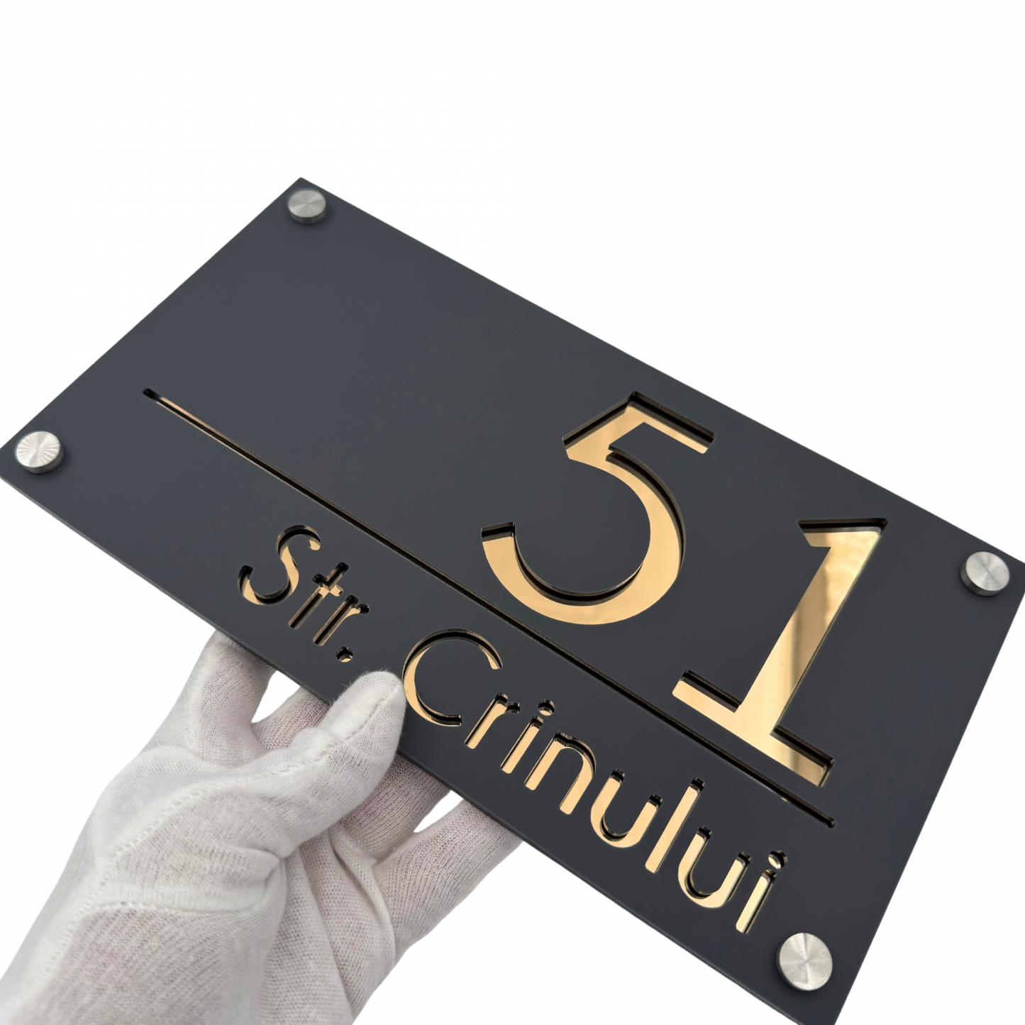 PREMIUM HOUSE NUMBER - Satin Grey Gold Mirror 4 Spacers Silver - 28×15 cm